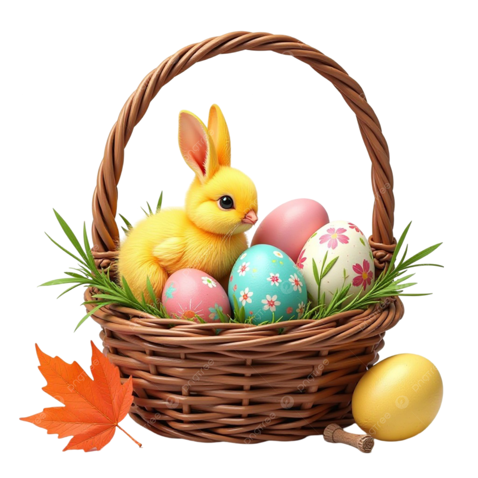 a basket filled with easter eggs and an orange leaf