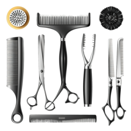 a set of scissors and combs on a white background