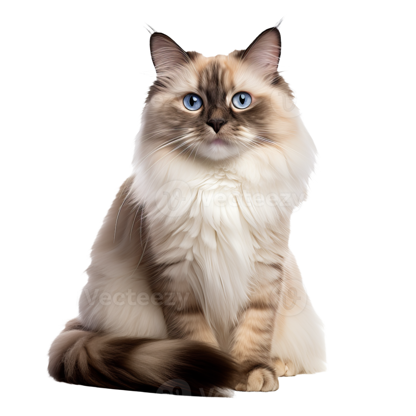 a cat with blue eyes sitting down