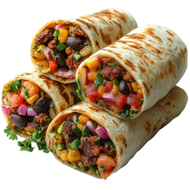 three burrs filled with meat and vegetables