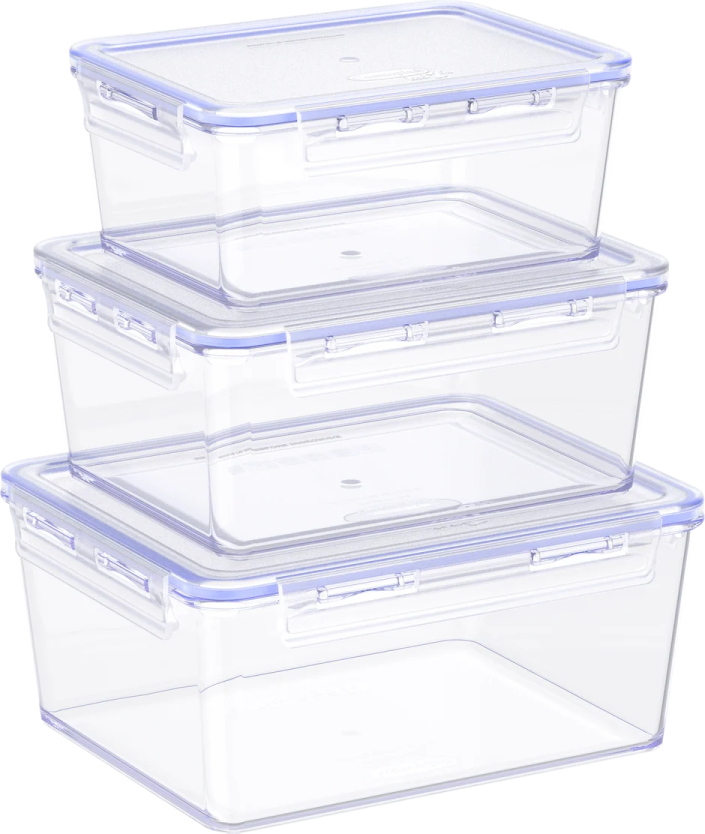 three clear storage containers with lids