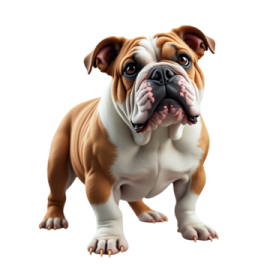 a brown and white bulldog standing on its hind