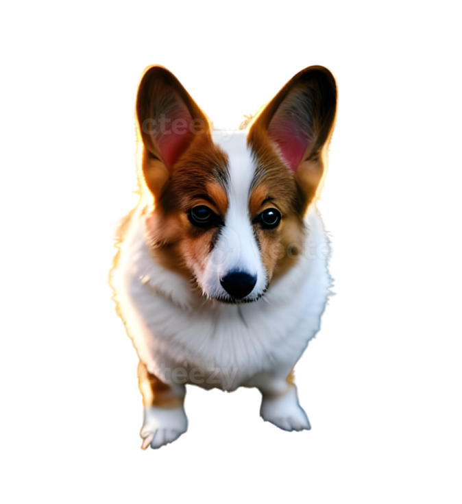 a small white and brown dog with blue eyes