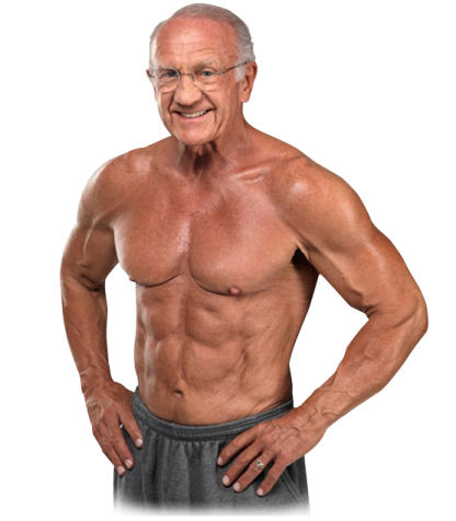 an older man with no shirt smiling and showing his muscles