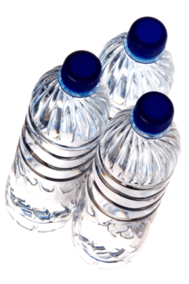 three plastic water bottles with blue lids