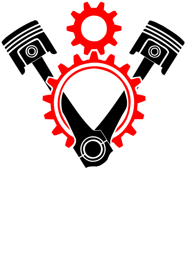 a black and red logo with two gears