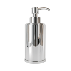 a stainless soap dispenser on a white background