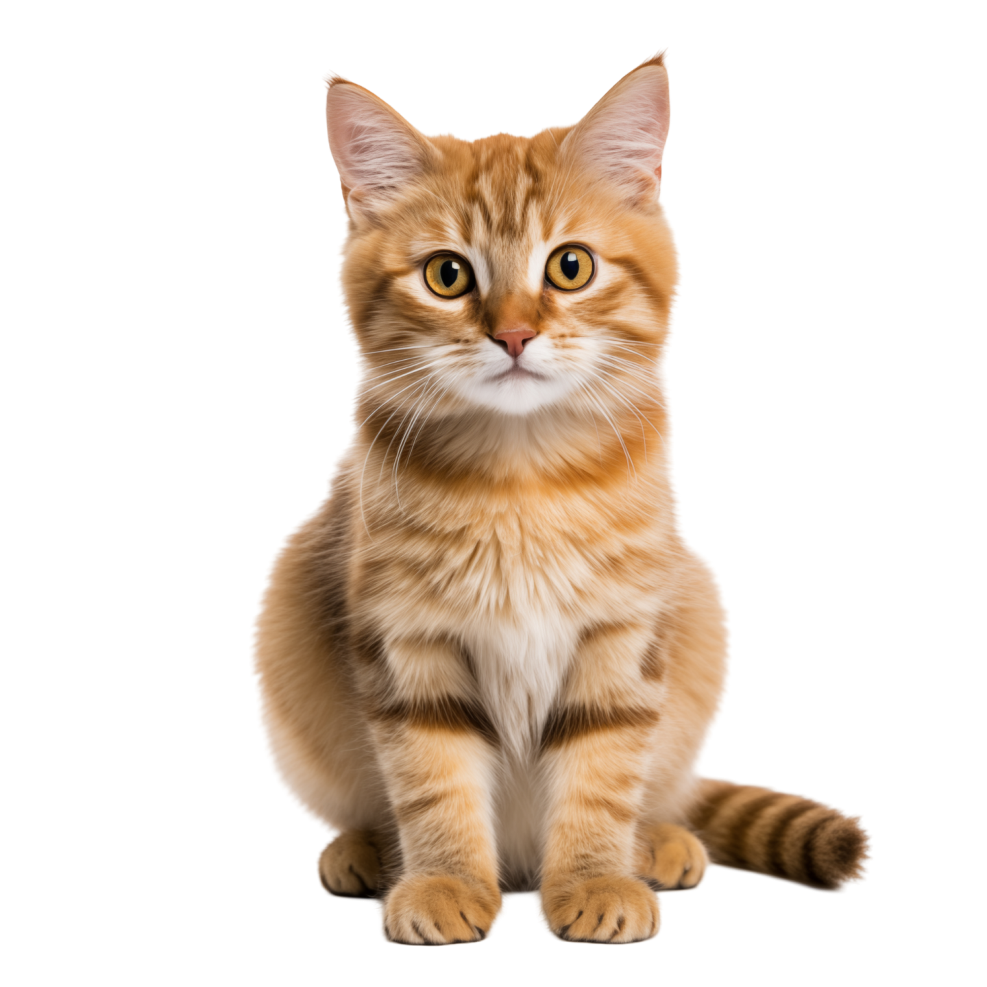 an orange and white kitten sitting on a white background