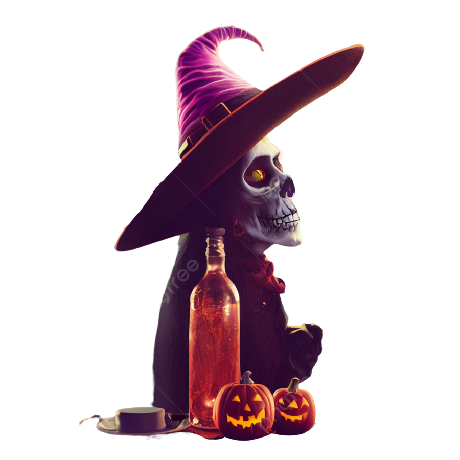 a skeleton wearing a witch hat and holding a bottle