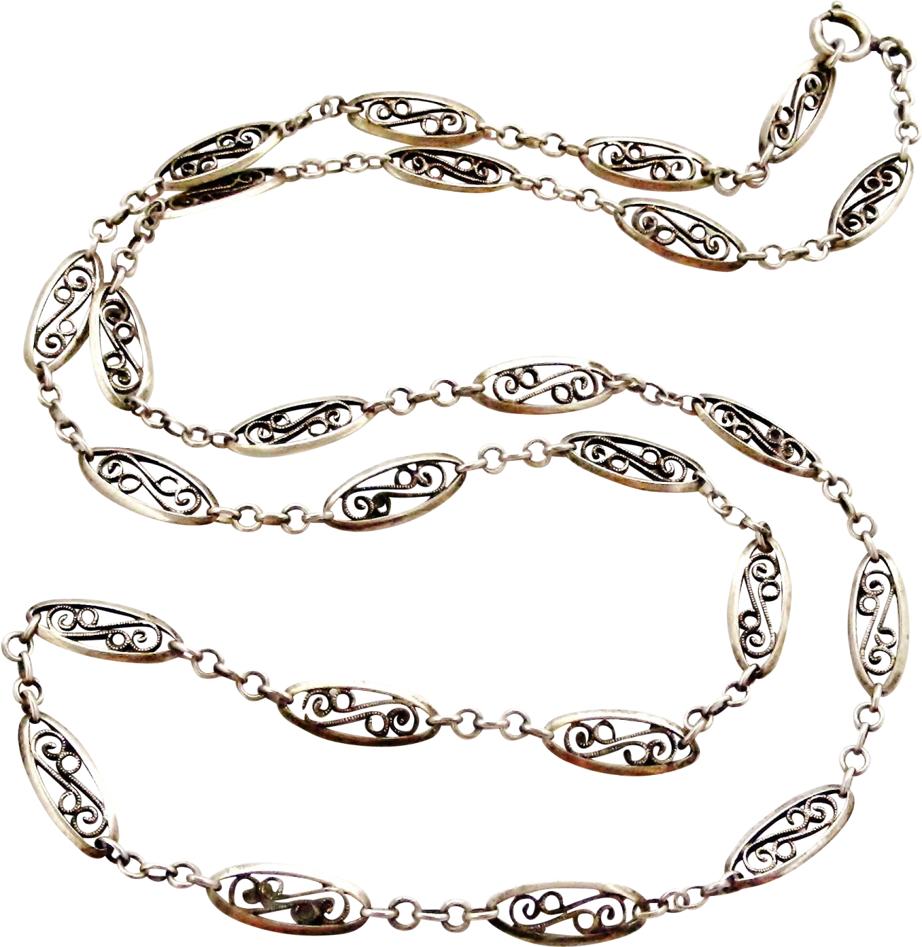 a silver necklace on a white background