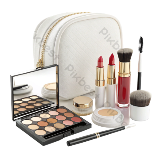 a white bag with cosmetics and makeup products