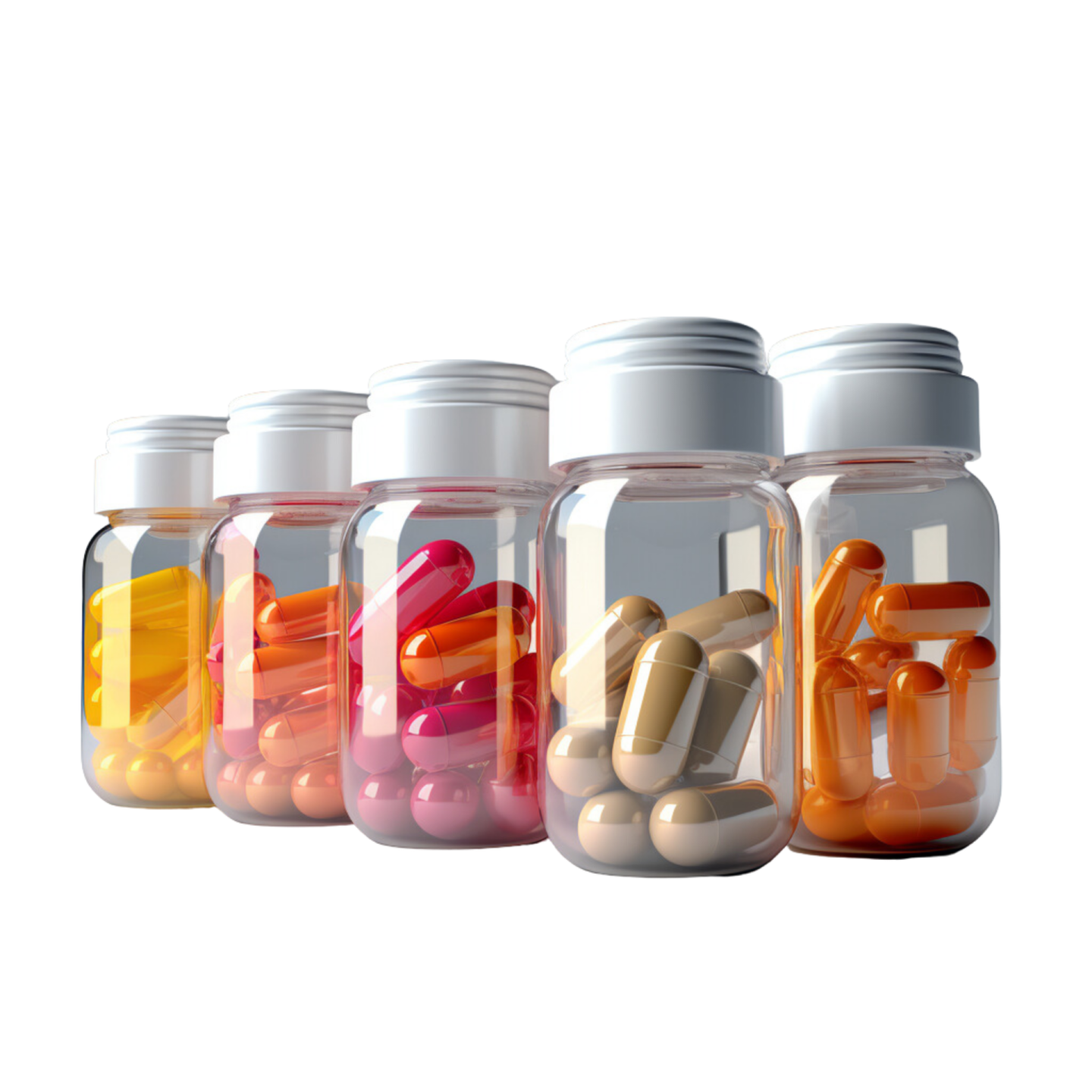 a row of bottles filled with pills