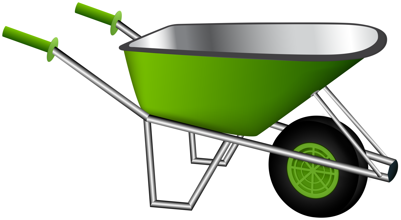 a green wheelbare with two wheels