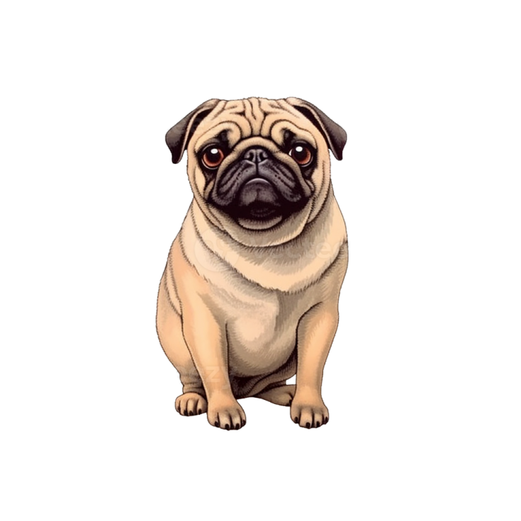 a pug dog sitting on the ground