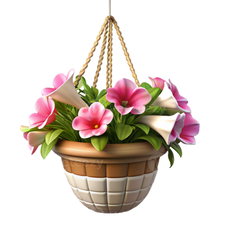 a hanging basket filled with pink flowers