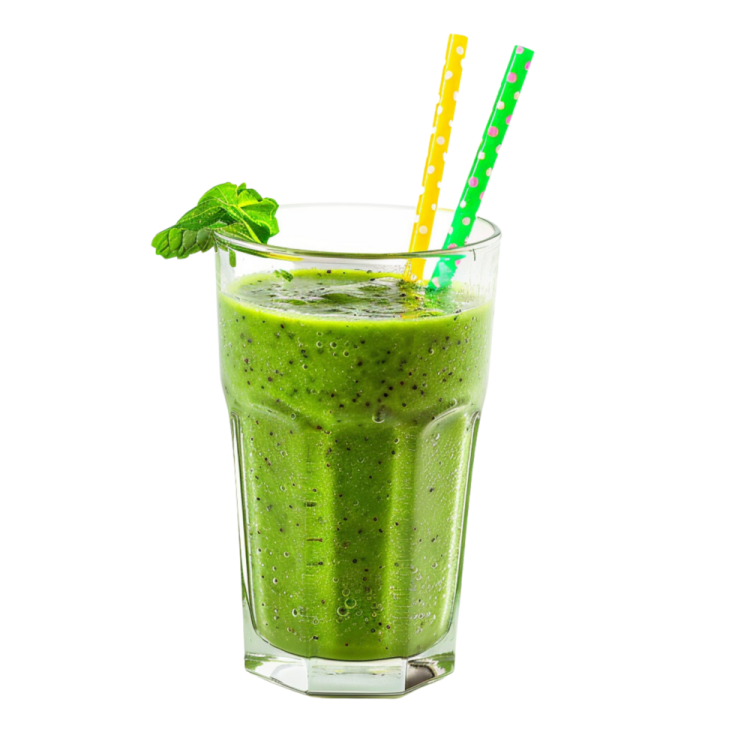 a green smoothie in a glass with a straw