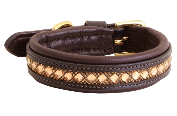 a brown leather dog collar with gold hardware