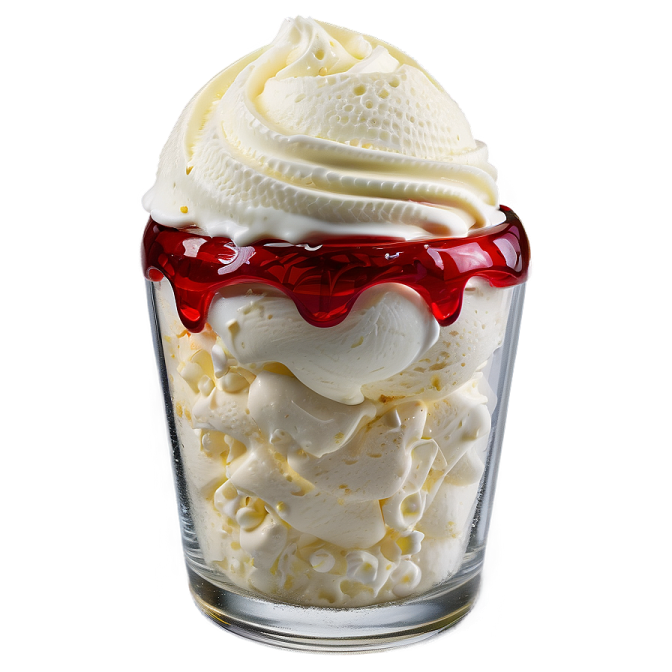 a glass filled with ice cream and red glasses
