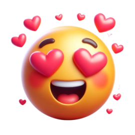 a smiley face with hearts flying out of it