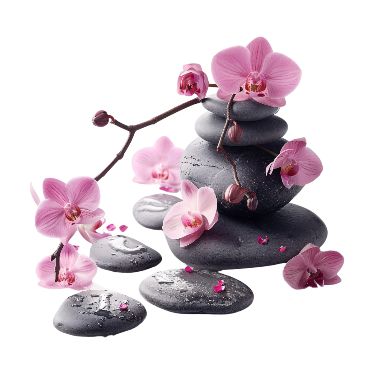 a pile of rocks with pink orchids on top