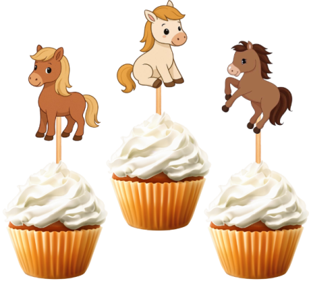 three cupcakes with horses on them