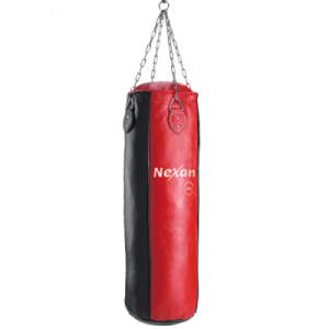 a red and black punching bag hanging on a chain