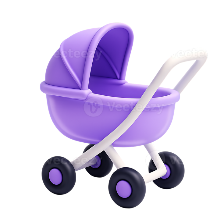 a purple baby stroller with black wheels