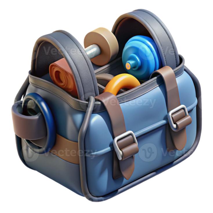 a blue and brown bag filled with toys
