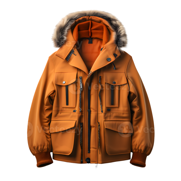 an orange jacket with a fur collar and hood