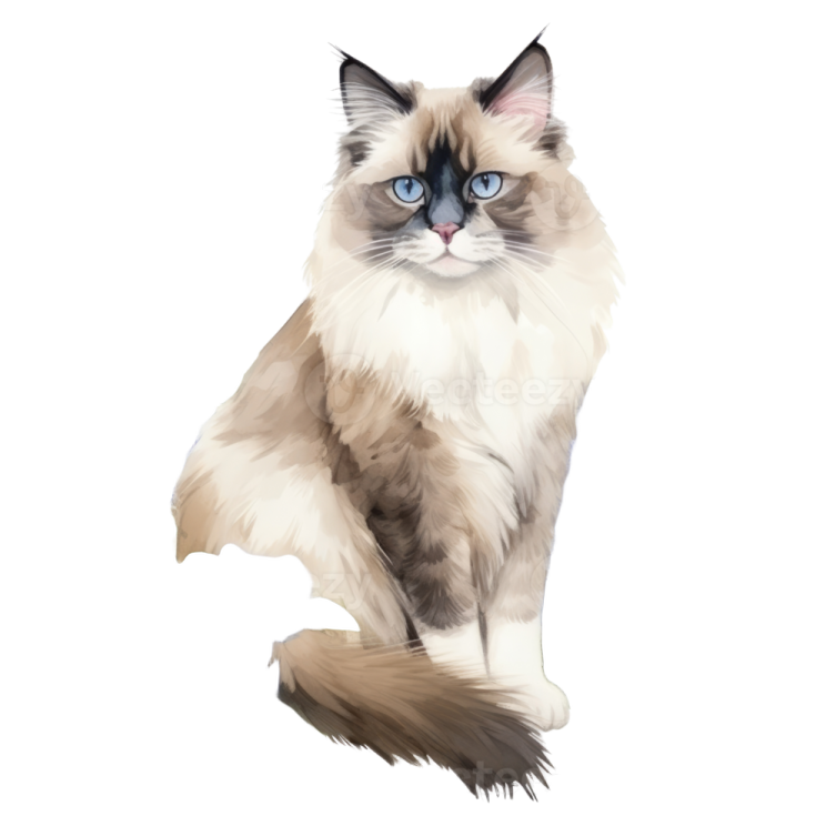 an illustration of a cat with blue flowers
