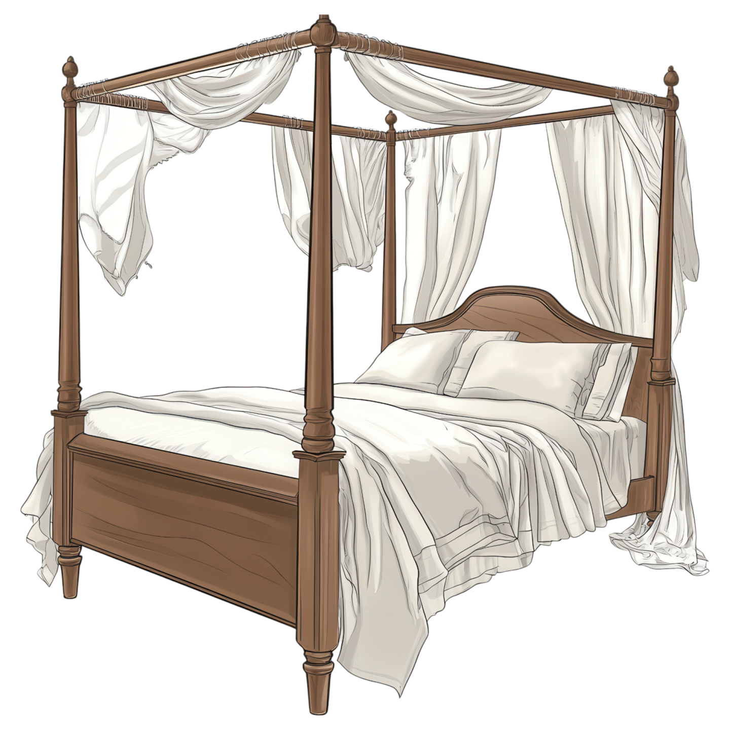 a four poster bed with curtains and pillows