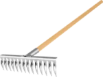 a metal rake with wooden handle
