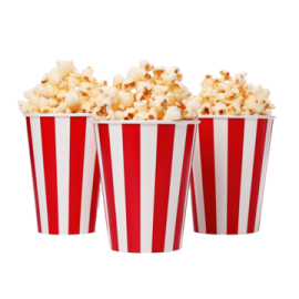 three red and white striped popcorn buckets
