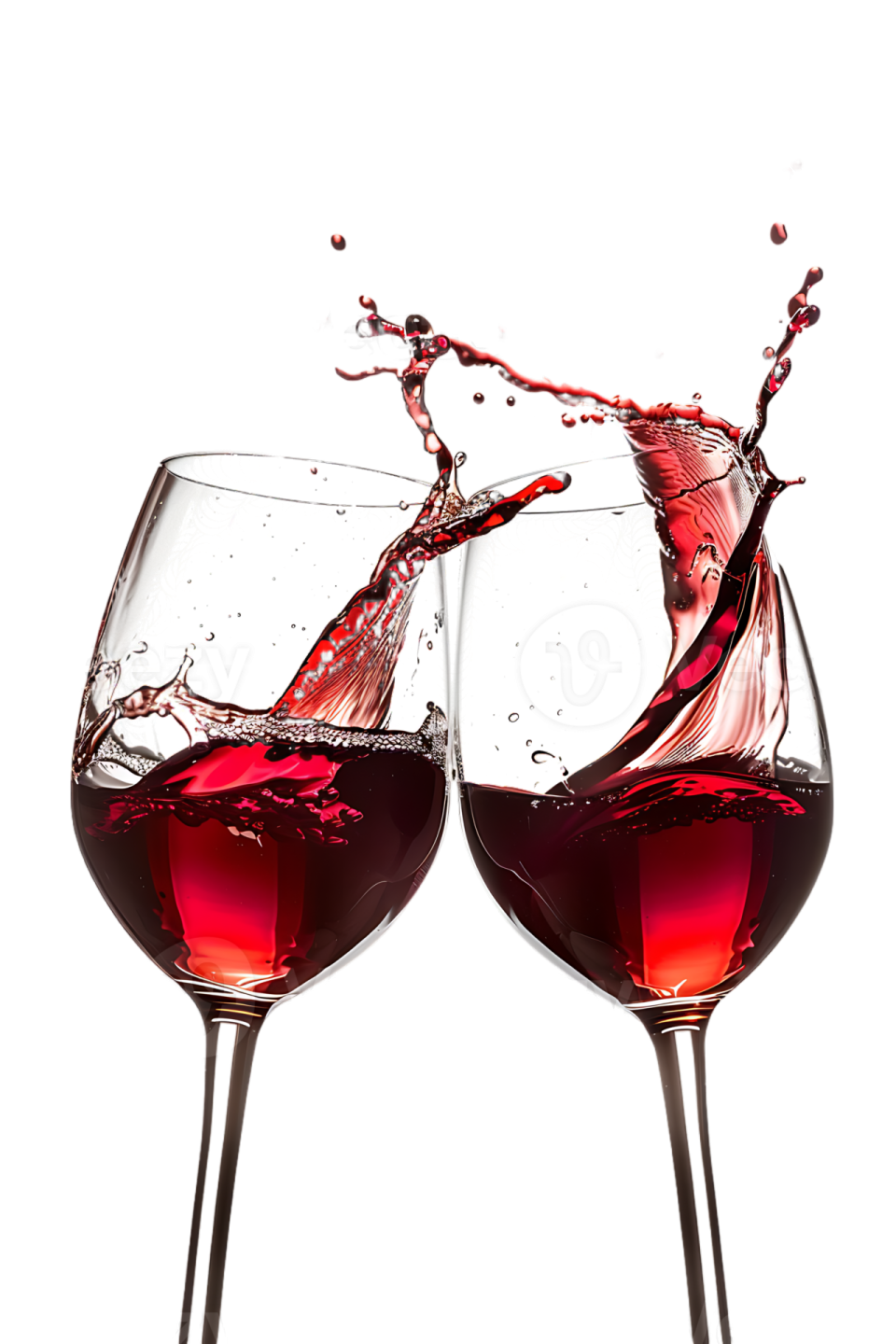 two wine glasses with red wine splashing out