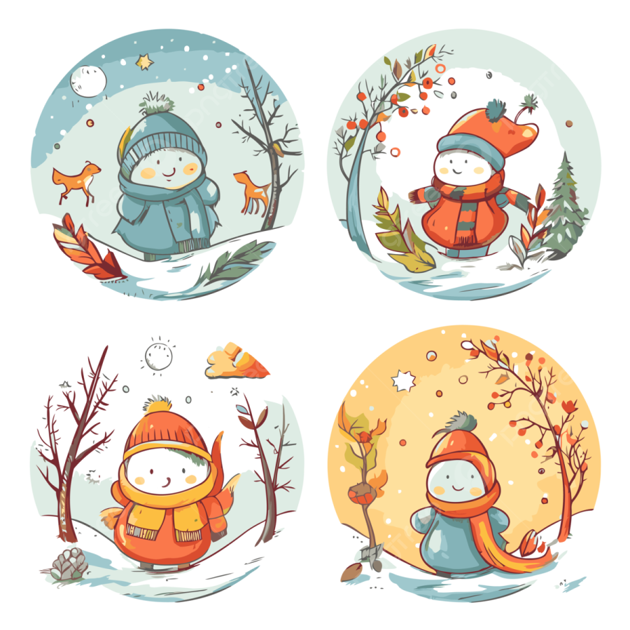 four cute foxes in the winter forest