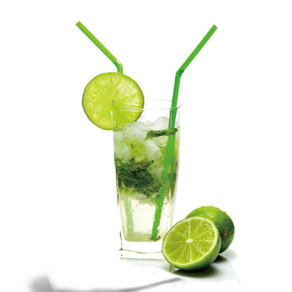 a glass filled with ice and lime slices