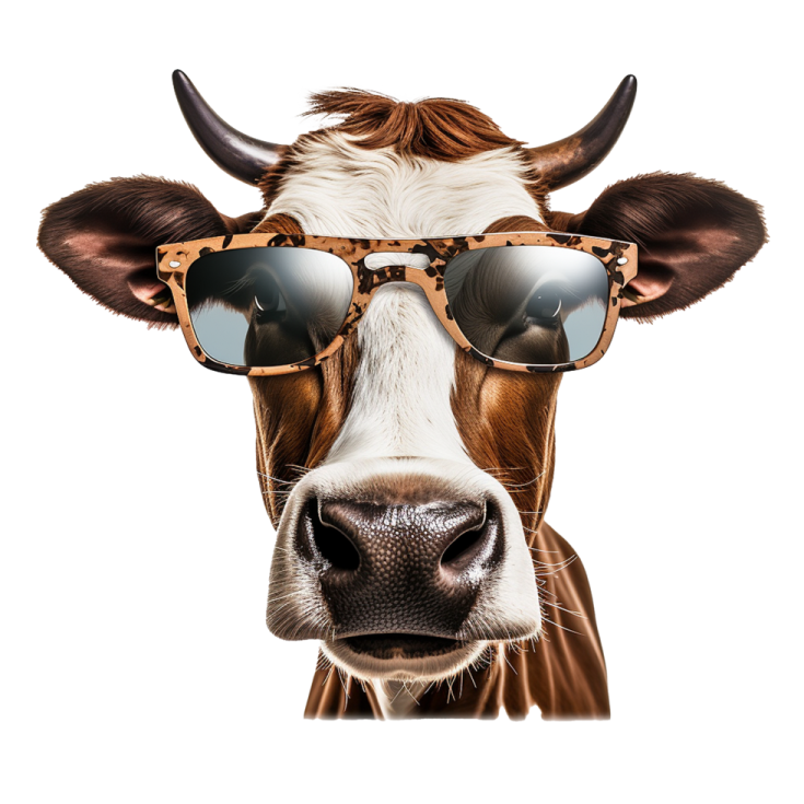 a close up of a cow wearing sunglasses