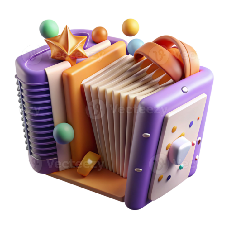 a purple and orange accordion with music notes