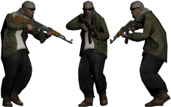 a man in a green jacket holding a gun