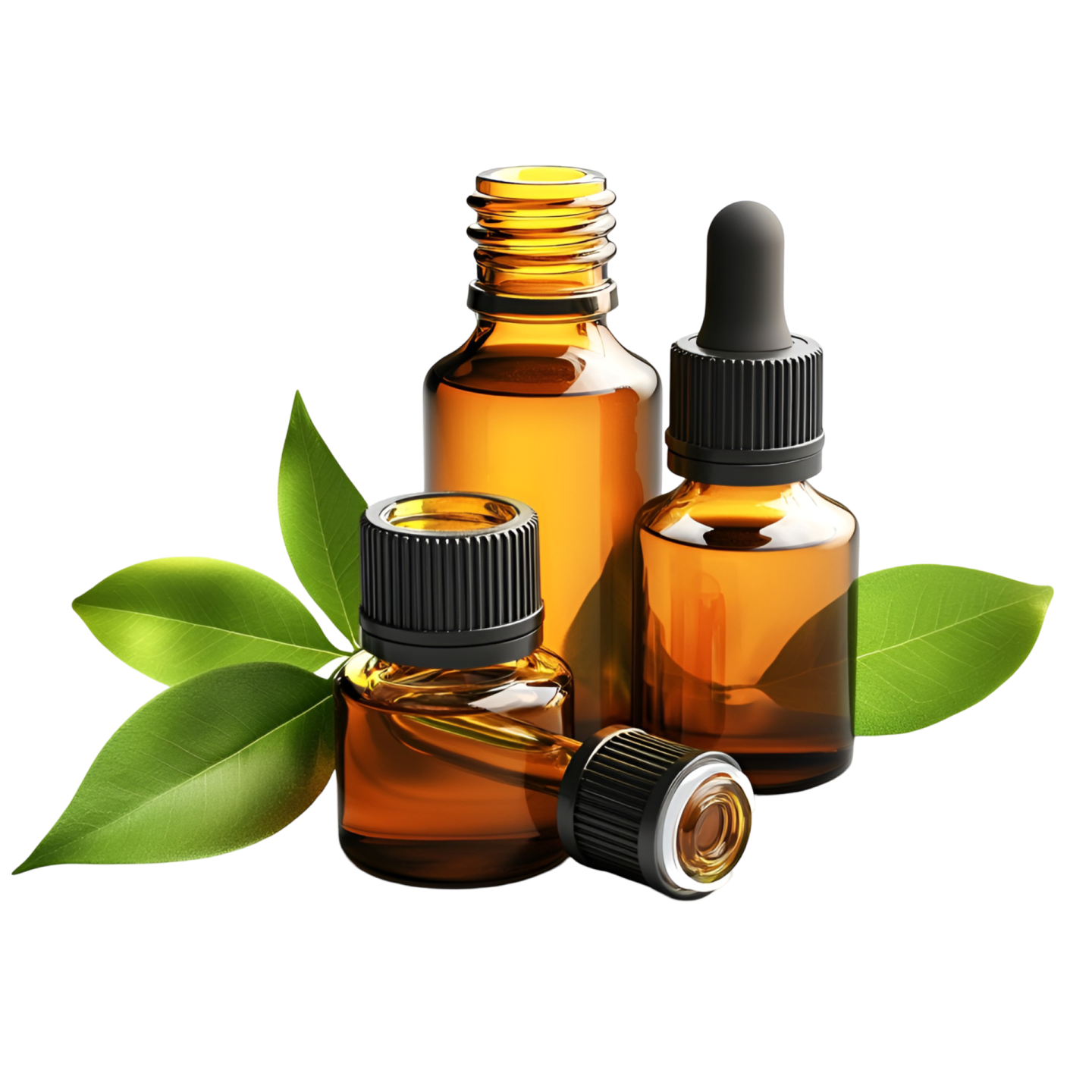 three bottles of essential oil with green leaves