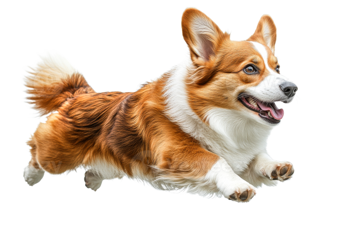 a brown and white dog running in the air