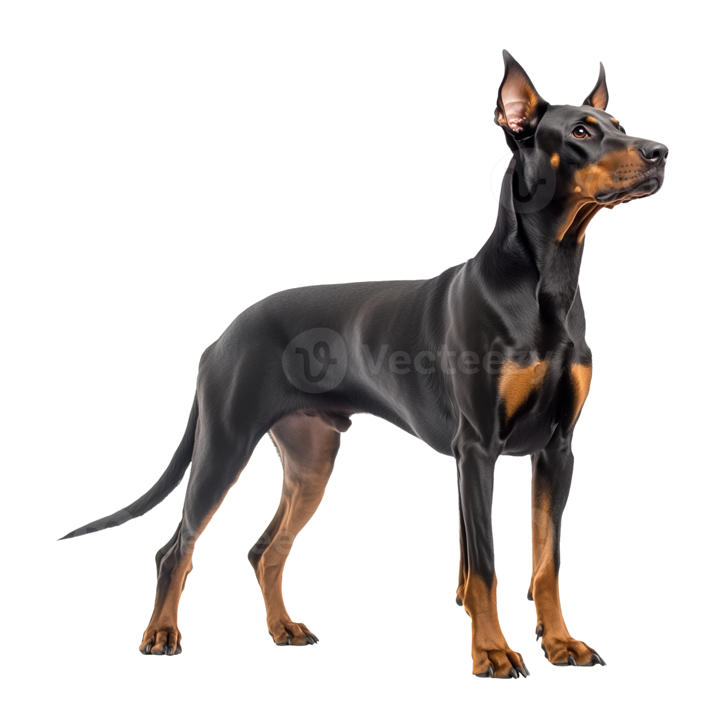 a doberman dog standing in front of a white background