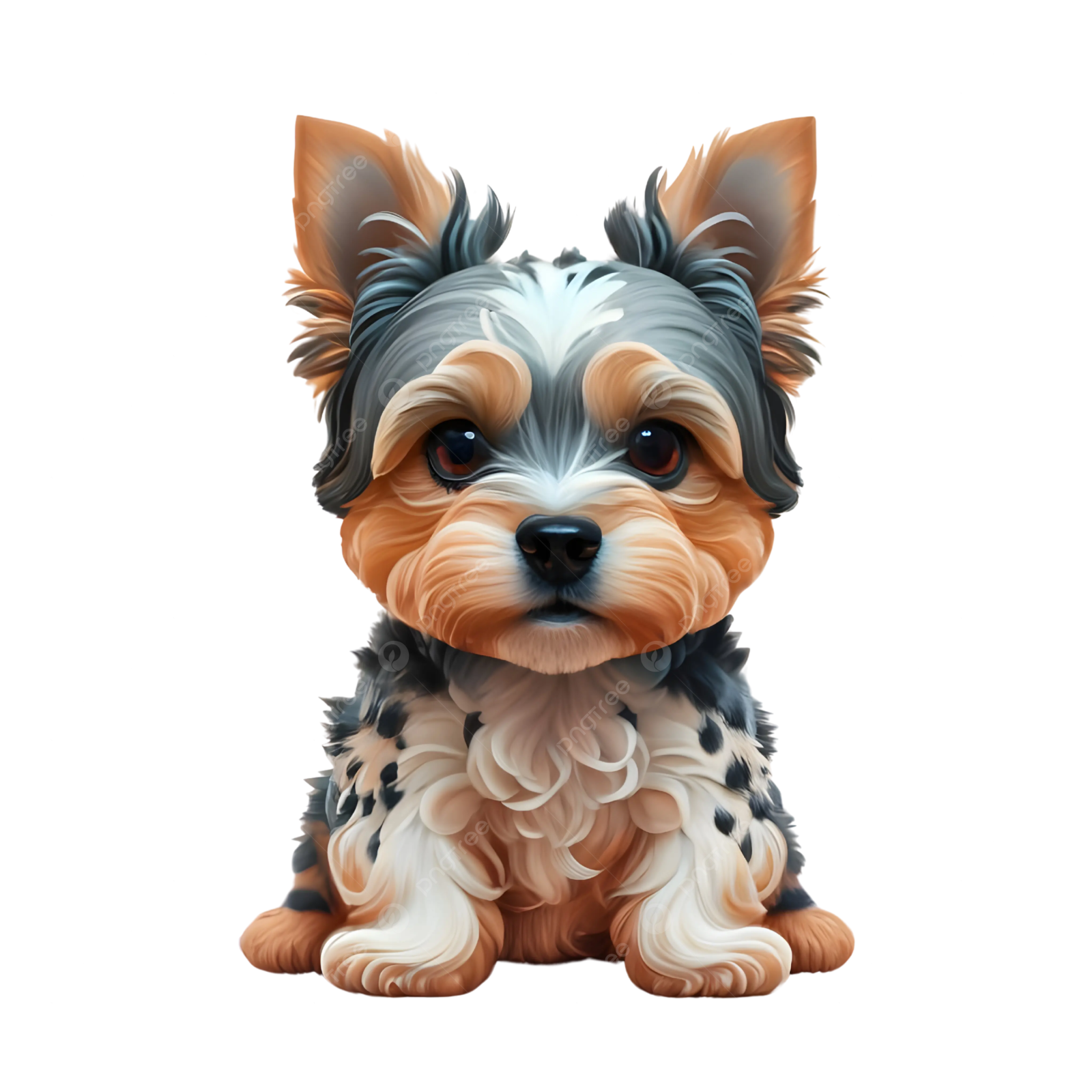a small dog with blue eyes sitting on a white background