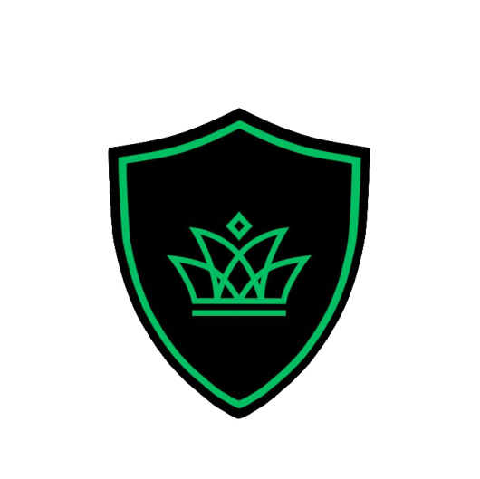 a black and green shield with a crown on it