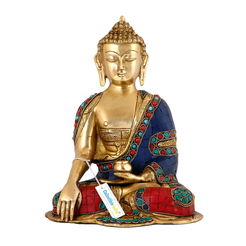 a gold buddha statue with blue and red accents