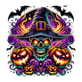 a skull with a witch hat and pumpkins