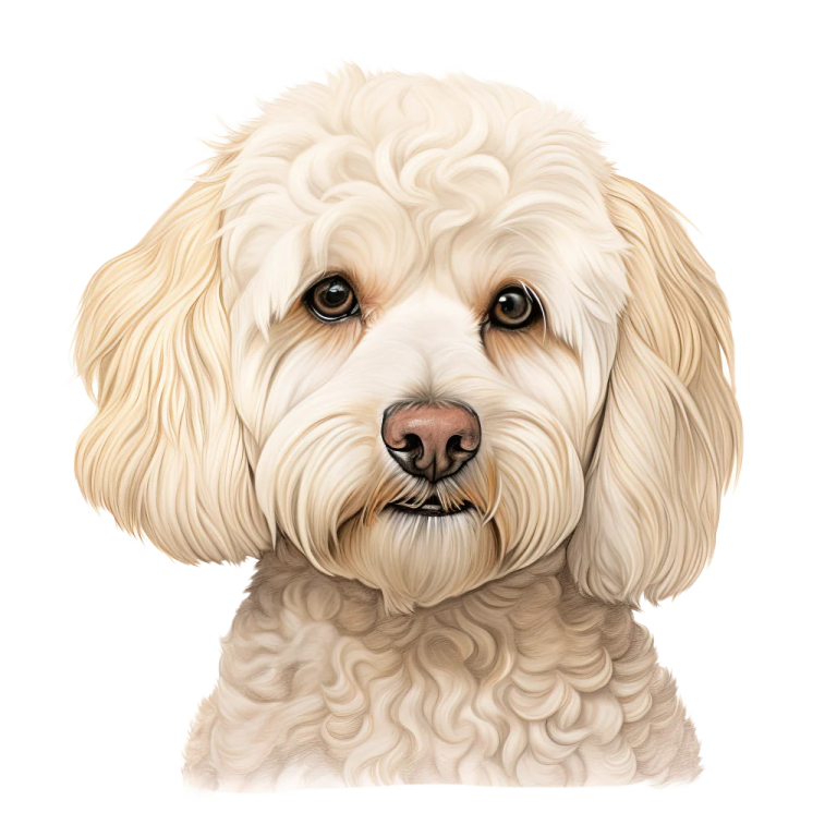a painting of a white dog with brown eyes