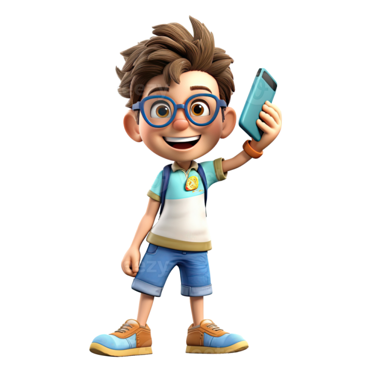 a cartoon boy with glasses and a cell phone