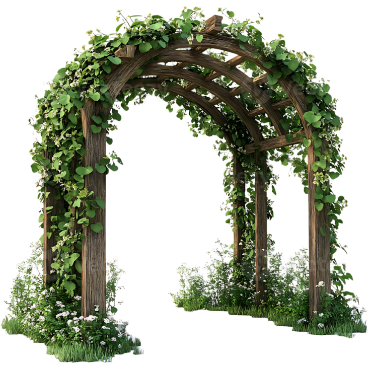 a wooden arch with vines and flowers on it