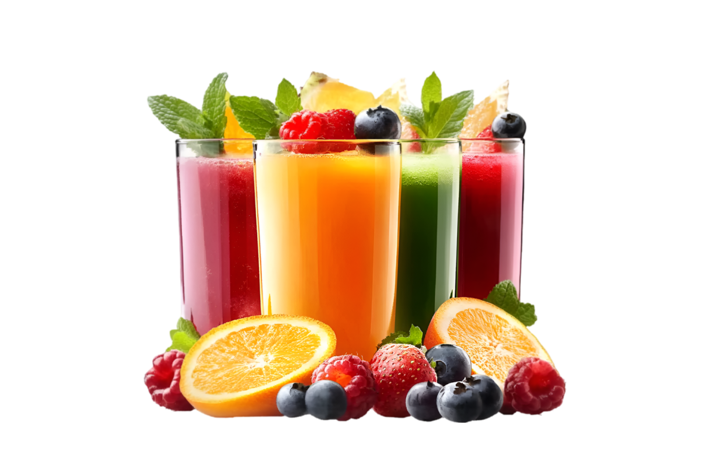 three glasses of juice with fruit and berries